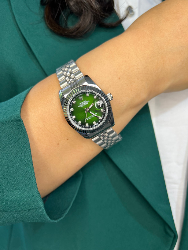 ساعت مچی زنانه رولکس سیلور صفحه سبز با گارانتی Rolex