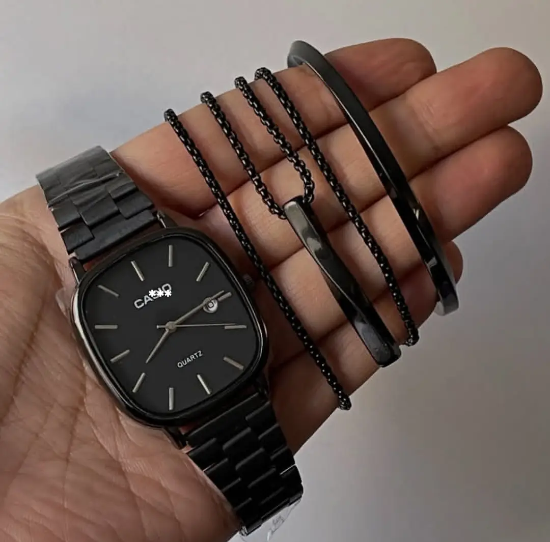 ست ساعت دستبند گردنبند مشکی مردانه اولدمانی casio