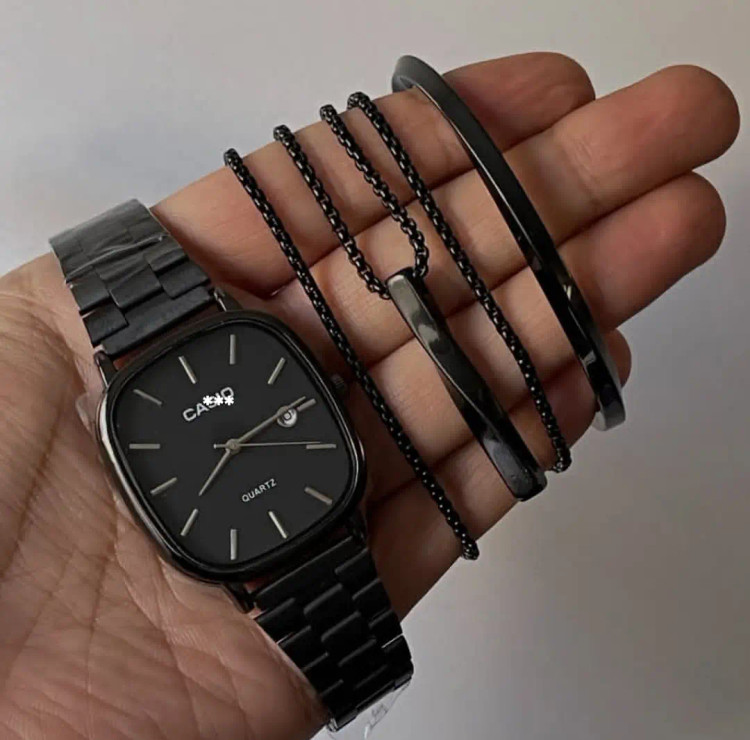 ست ساعت دستبند گردنبند مشکی مردانه اولدمانی casio