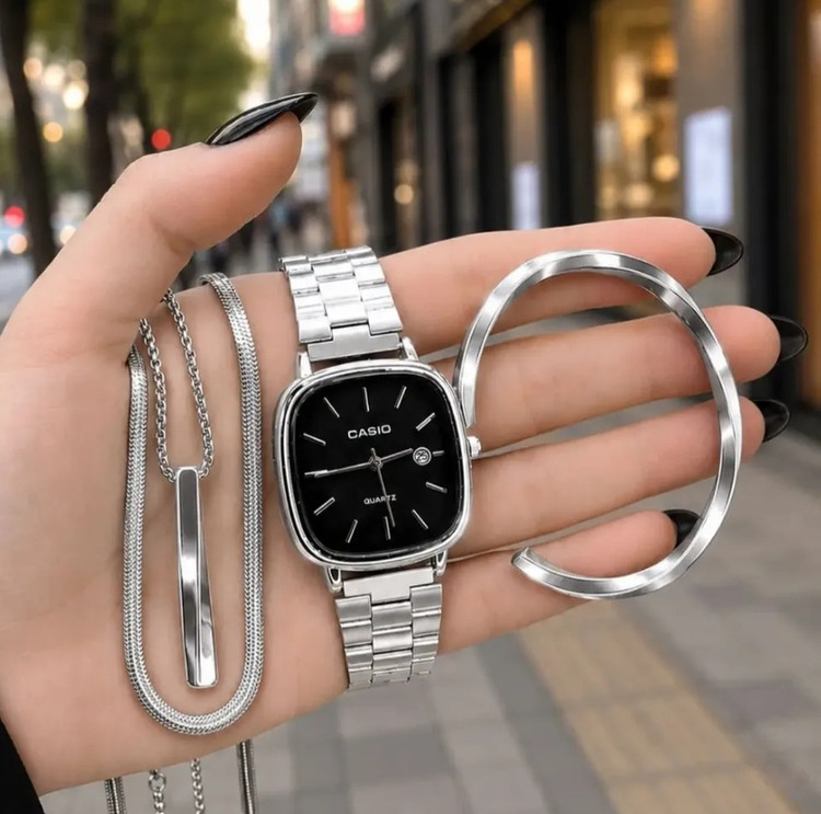 ست ساعت دستبند گردنبند نقره ای اولدمانی casio